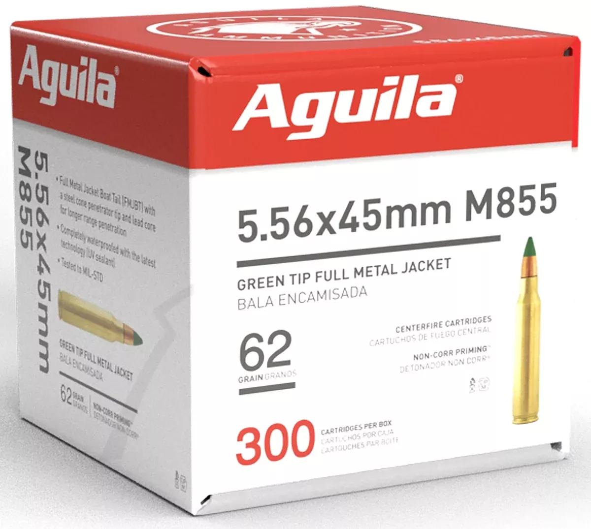 Aguila 1E556125 Green Tip M855 5.56x45mm NATO 62gr Full Metal Jacket Boat Tail 300 Per Box/4 Case