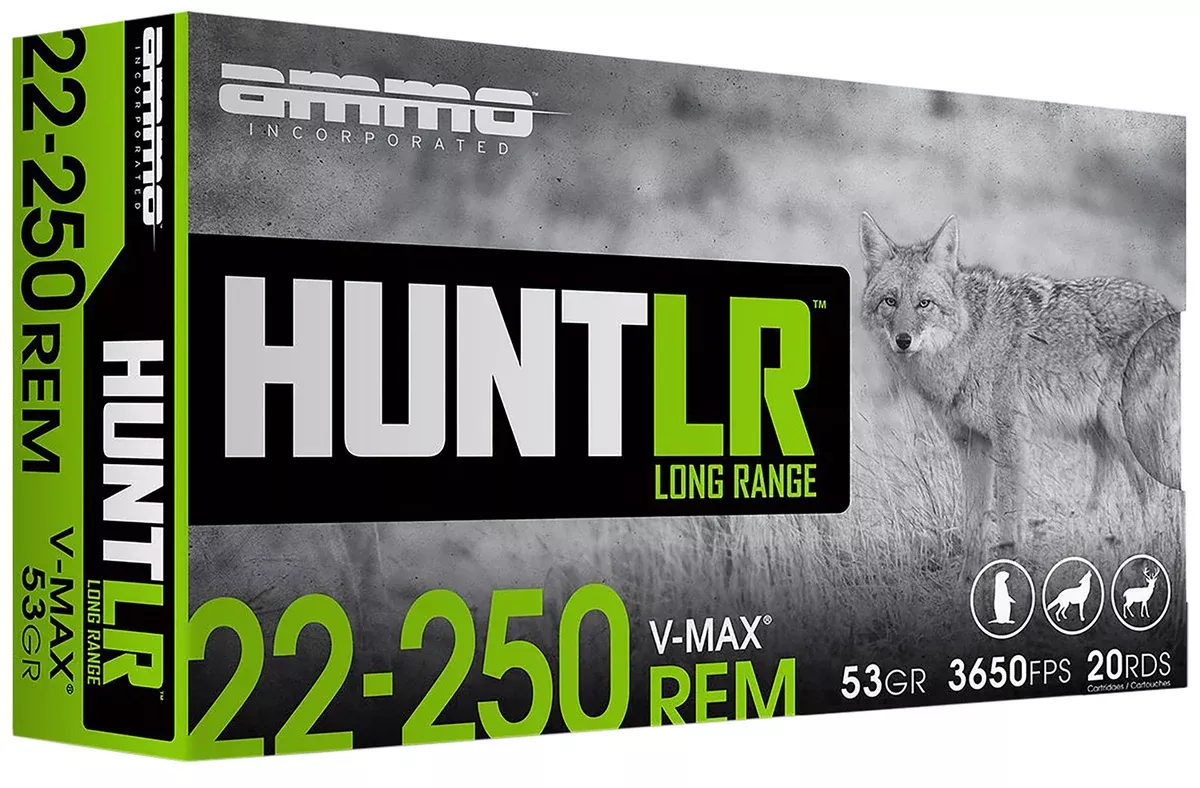 Ammo Inc 22250053VMXA20 Hunt Long Range 22-250 Rem 53 gr V-Max 20 Per Box/ 10 Case
