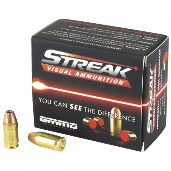 AMMO INC STREAK DEFENSE 380ACP 90GR JHP, NON-INCENDIARY TRACER, RED, 20RD BOX