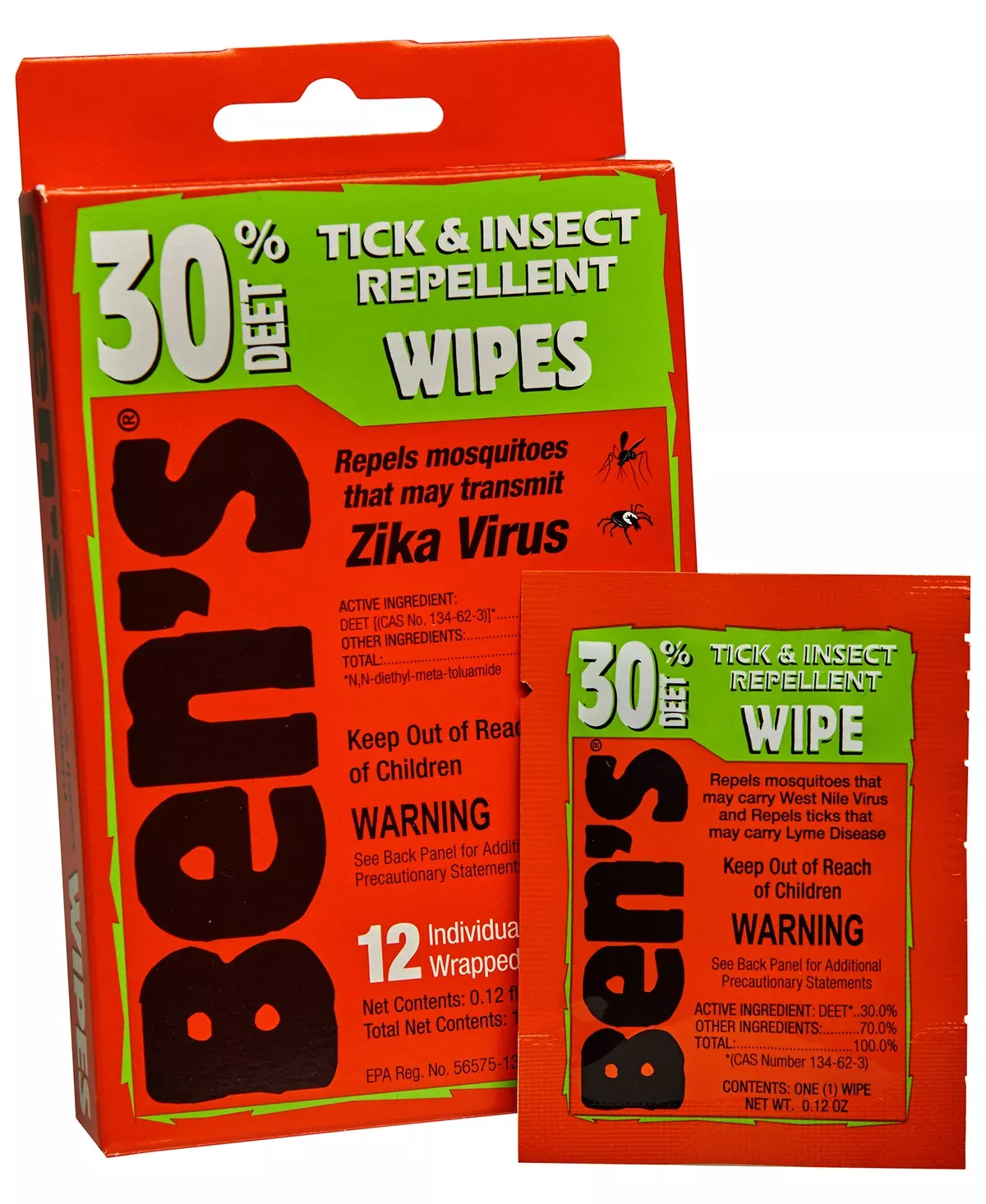 Ben's 00067085 30Odorless Scent Wipes Repels Ticks & Biting Insects 12