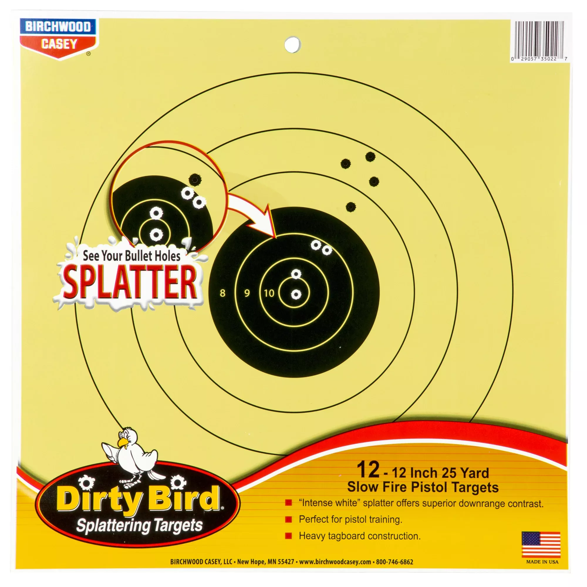 Birchwood Casey Dirty Bird 25 Yard Pistol Target – 12" Reactive Paper Target, 12-Pack