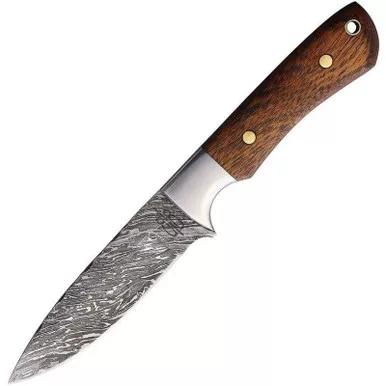 BnB Knives BNB137198 Drop Point Classic Hunter Knife 4.00" Damascus Drop Point Plain Edge Blade, Wood Handle and Leather Belt Loop Sheath