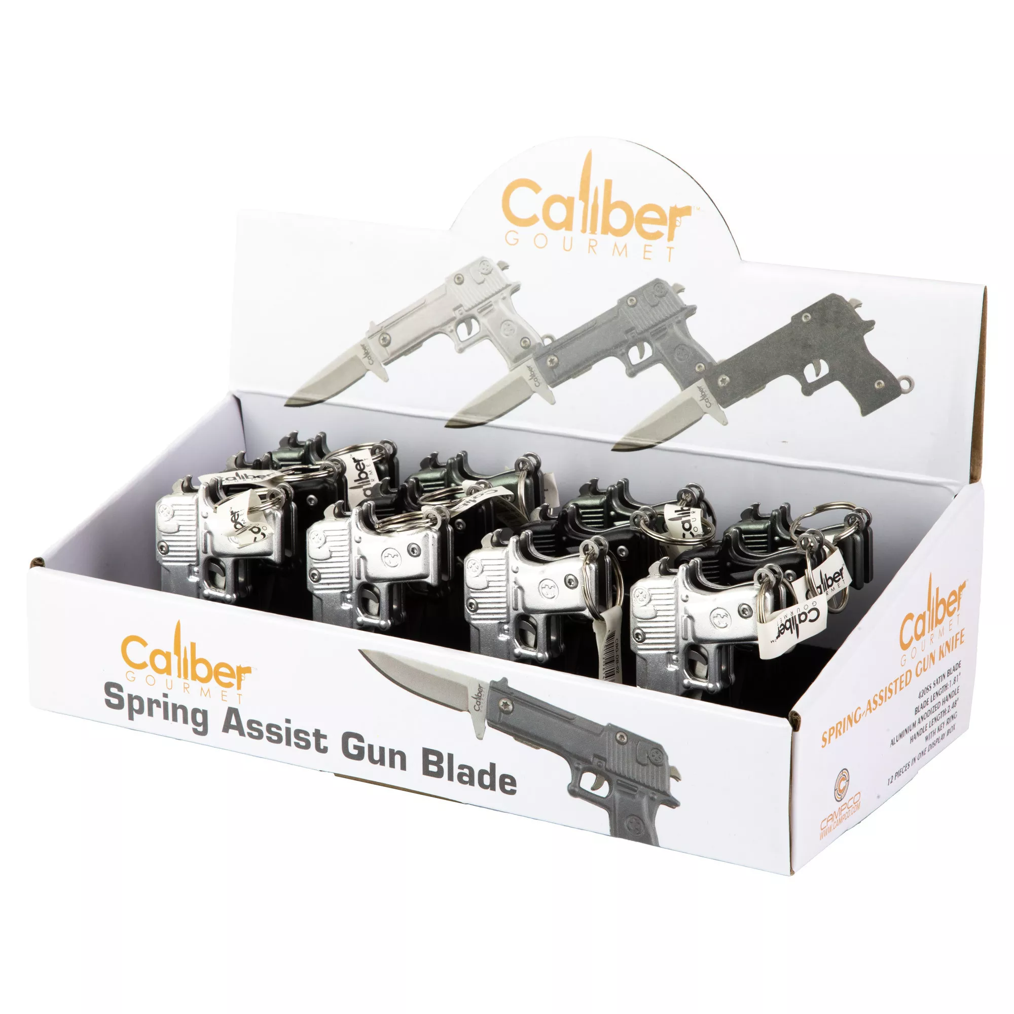 Caliber Gourmet Gun/Knife Keychain Display 12Pc