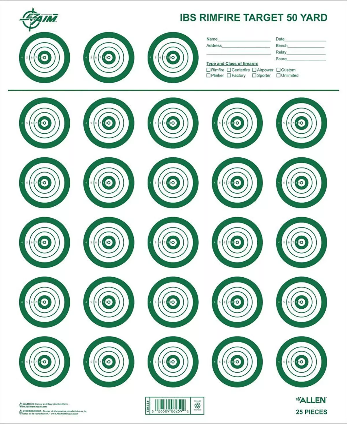 EZ-Aim 15582 Official IBSRimfire TargetNon-Adhesive White/Green 25 Pack