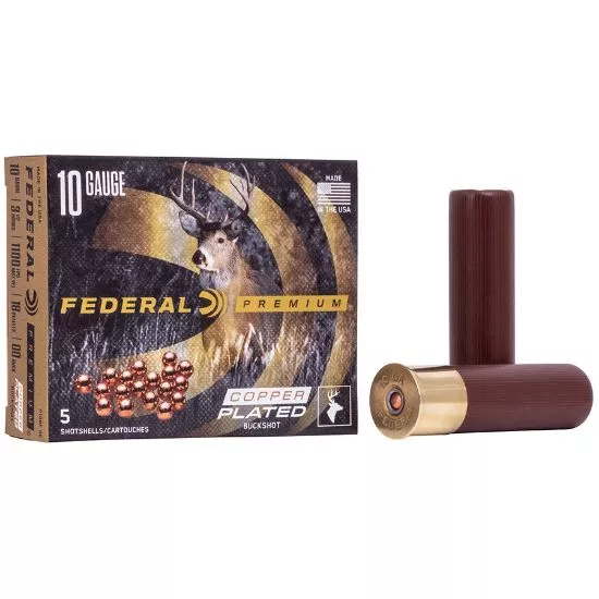 FEDERAL PREMIUM COPPER PLATED BUCKSHOT, 10GA 3.5", 00 BUCK, 2.25 OZ, 5/BOX