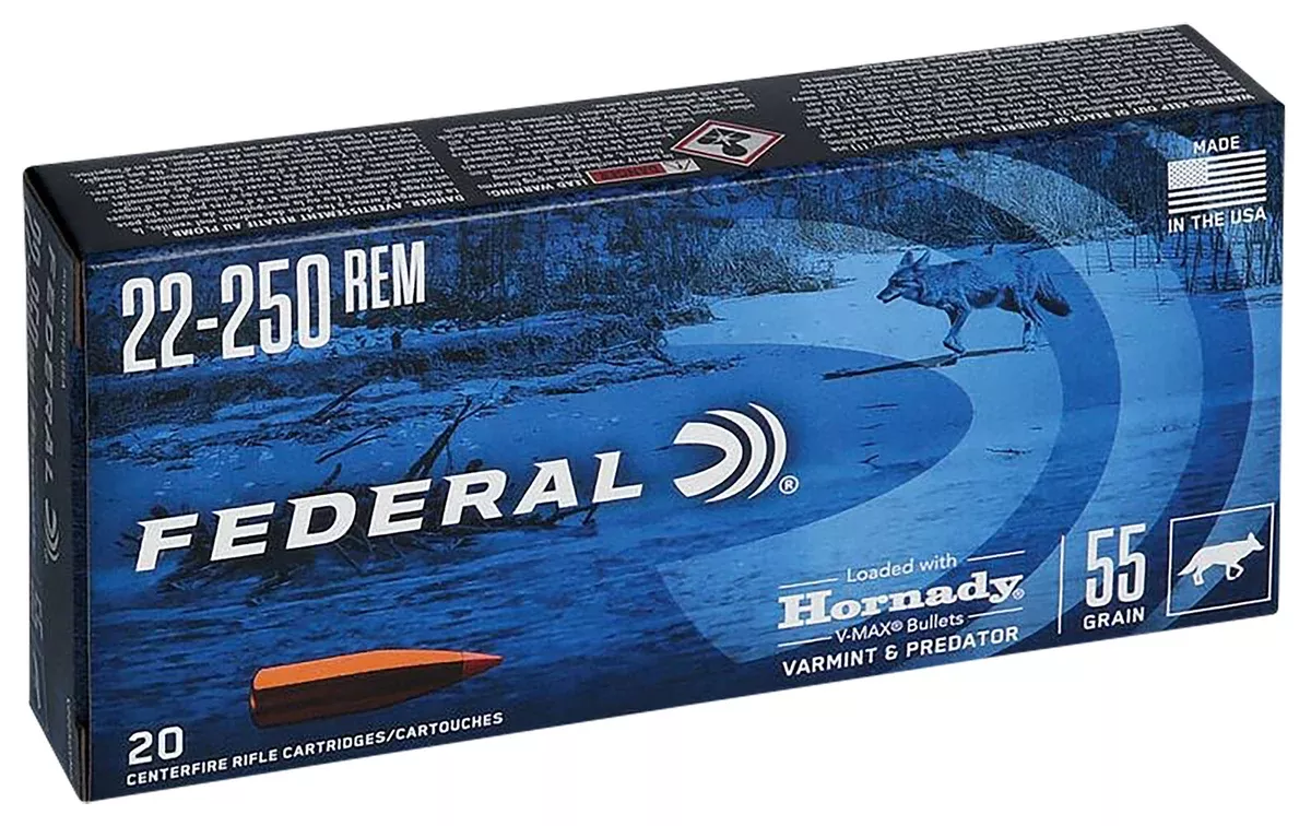 Federal V22250VM2 Varmint & Predator22-250Rem 55gr Hornady V-Max 20 Per Box/10 Case