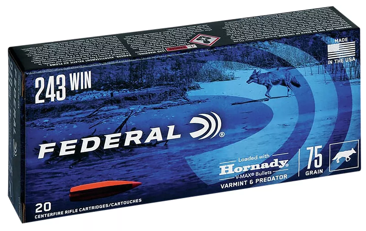 Federal V243VM75 Varmint & Predator243Win 75gr Hornady V-Max 20 Per Box/10 Case