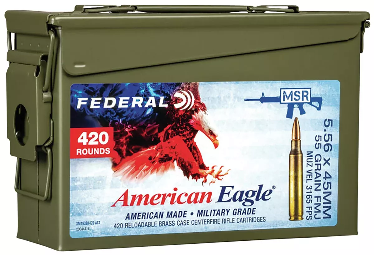 Federal XM193BK420AC1X American Eagle5.56x45mm NATO 55 gr 3165 fps Full Metal Jacket Boat-Tail (FMJBT) 420 Bx/1 Cs (Sold by Can)