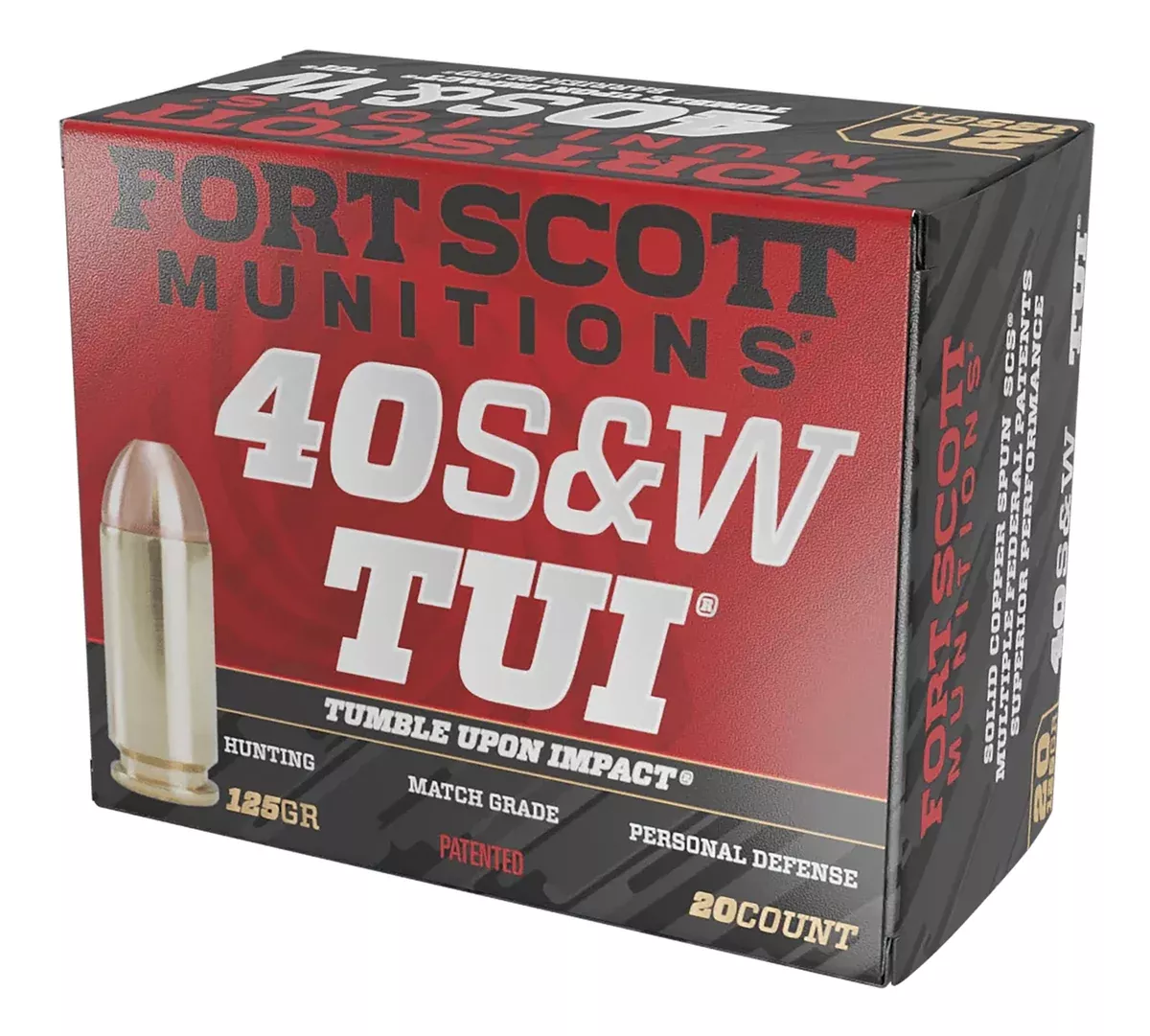Fort Scott Munitions 400125SCV Tumble Upon Impact (TUI)40S&W 125gr Solid Copper Spun 20 Per Box/25 Case
