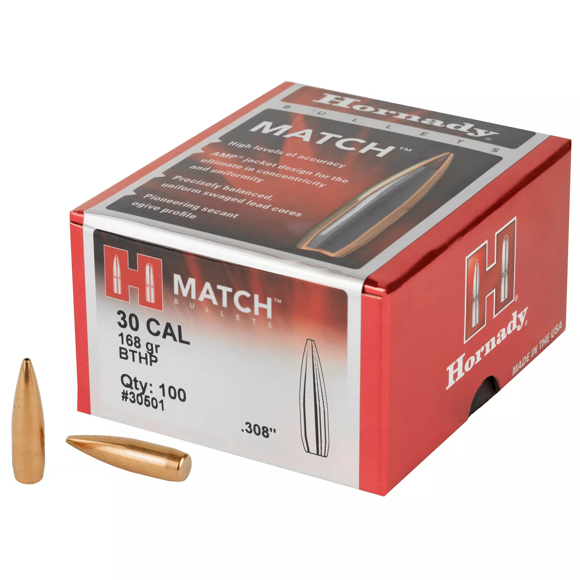 Hornady Match 30 Caliber .308 168gr BTHP Bullets – 100 Count