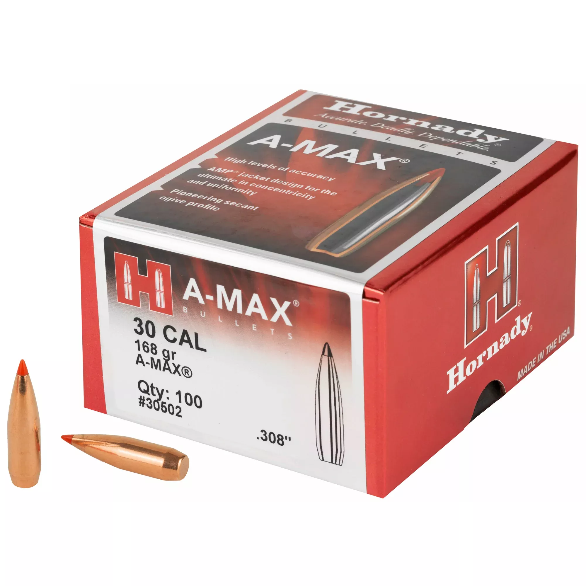 Hornady Match A-MAX 30 Cal 168gr Bullets – 100 Count