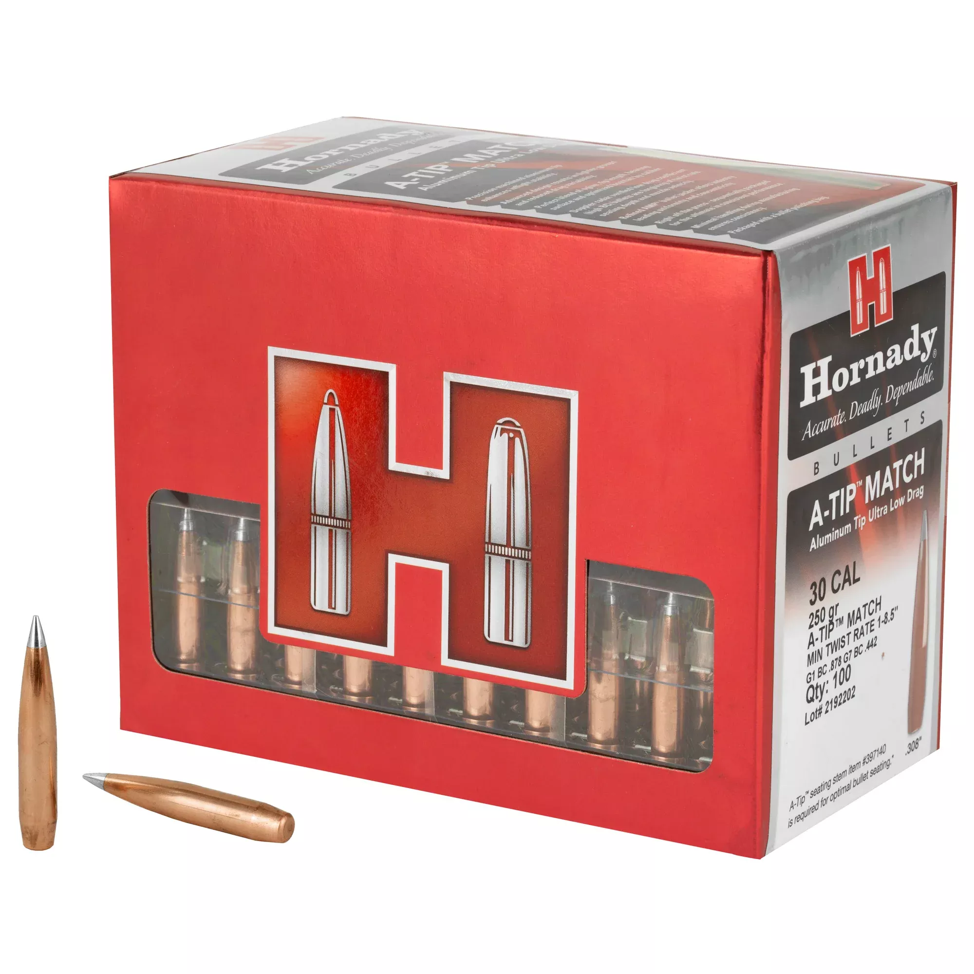 Hornady A-TIP 30 Caliber .308 250gr Match Bullets – 100 Count