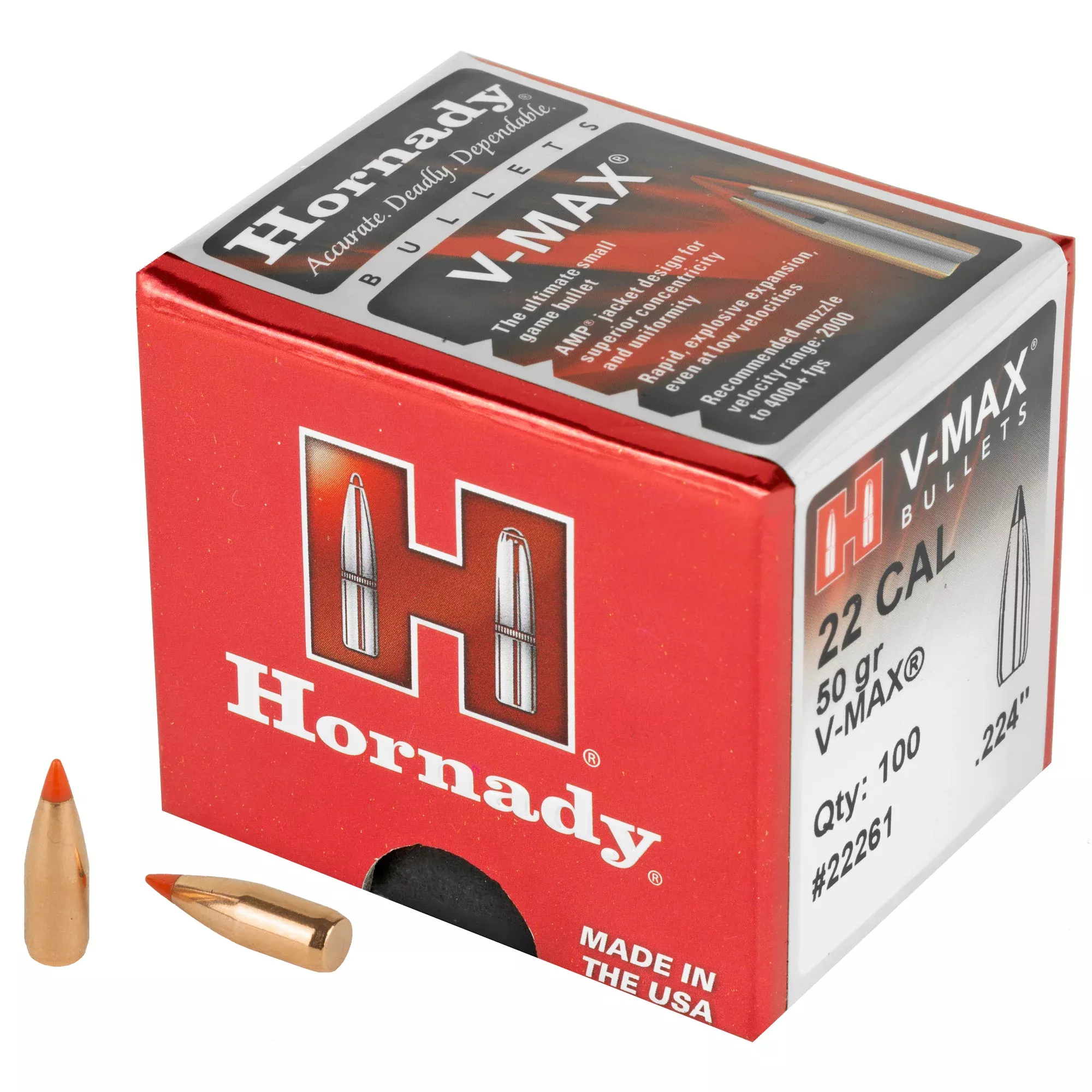 Hornady V-MAX 22 Cal .224 50gr Bullets – 100 Count