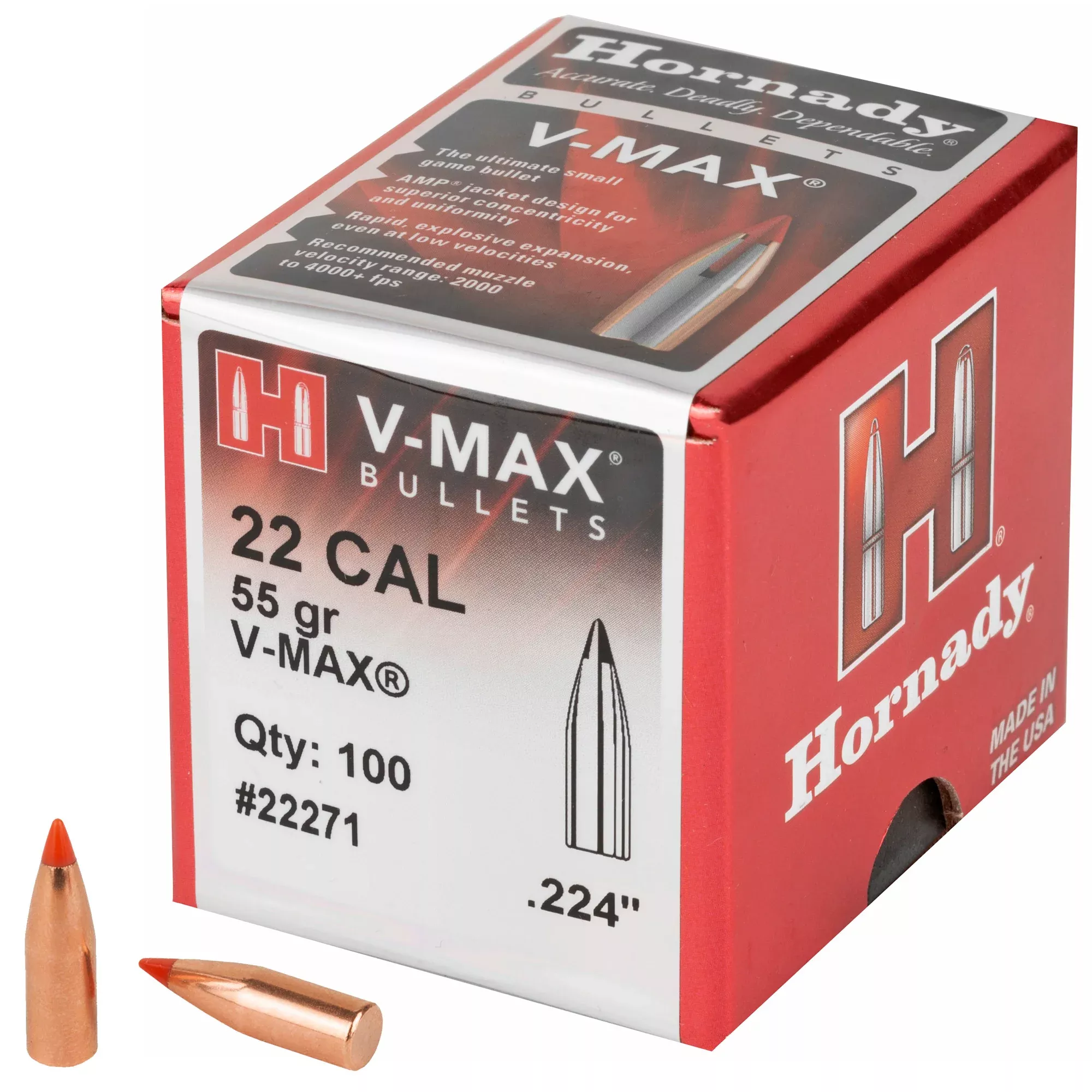 Hornady V-MAX 22 Cal .224 55gr Bullets – 100 Count