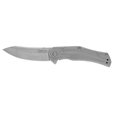 Kershaw 1380 Husker Folding Knife Assisted SpeedSafe Trailing Point 3.00" Stonewashed 8Cr13MoV Plain Edge Blade, Stainless Steel Handle