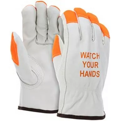 MCR Safety 3215HVI CV Grade Cow Grain Leather, Watch Your Hands Logo Drivers Work Gloves w/ Fabric Fingertips