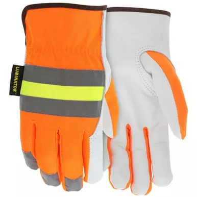 MCR Safety 36111 Luminator™ Premium Grade Grain Goatskin Leather, Hi-Vis Orange Back Drivers Work Gloves