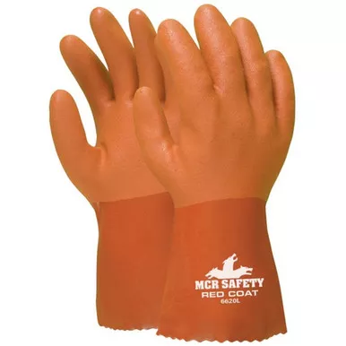 MCR Safety 6620 Red Coat 10" Double Dipped Flexible Sandy Red PVC Coated, Seamless Knit Lined Work Gloves Treated w/ ActiFresh