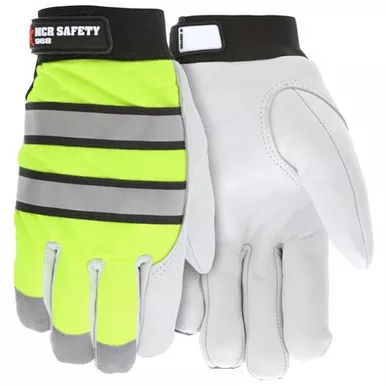 MCR Safety 968 Thermosock Insulated Premium Grain Goatskin Palm, Hi-Vis Lime Back w/ Reflective Stripe Mechanics Gloves w/ Adjustable Hook & Loop