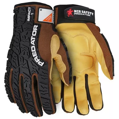 MCR Safety PD2907 Predator Premium Honey Gold Goatskin Leather D3O Foam Padded Palm, Tire Tread TPR Back Mechanics Gloves w/ Reinforced Thumb & Adjustable Hook & Loop w/ ID Panel