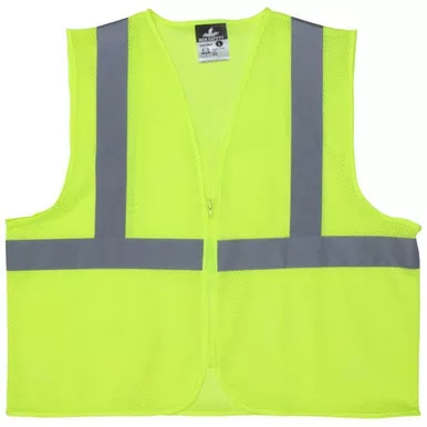 MCR Safety V2CL2MLZ Hi-Vis Reflective Lime Class 2 Safety Vest w/Mesh Fabric with 2" Silver Stripes & Zipper Front Closure