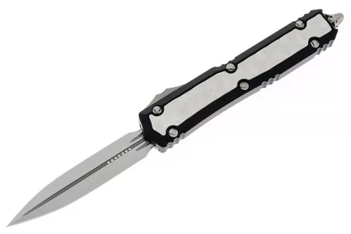 Microtech Signature Series Makora OTF AUTO 3.3" Stonewashed Double Edge Dagger Blade, Red Aluminum Handles with Black Traction Inlays