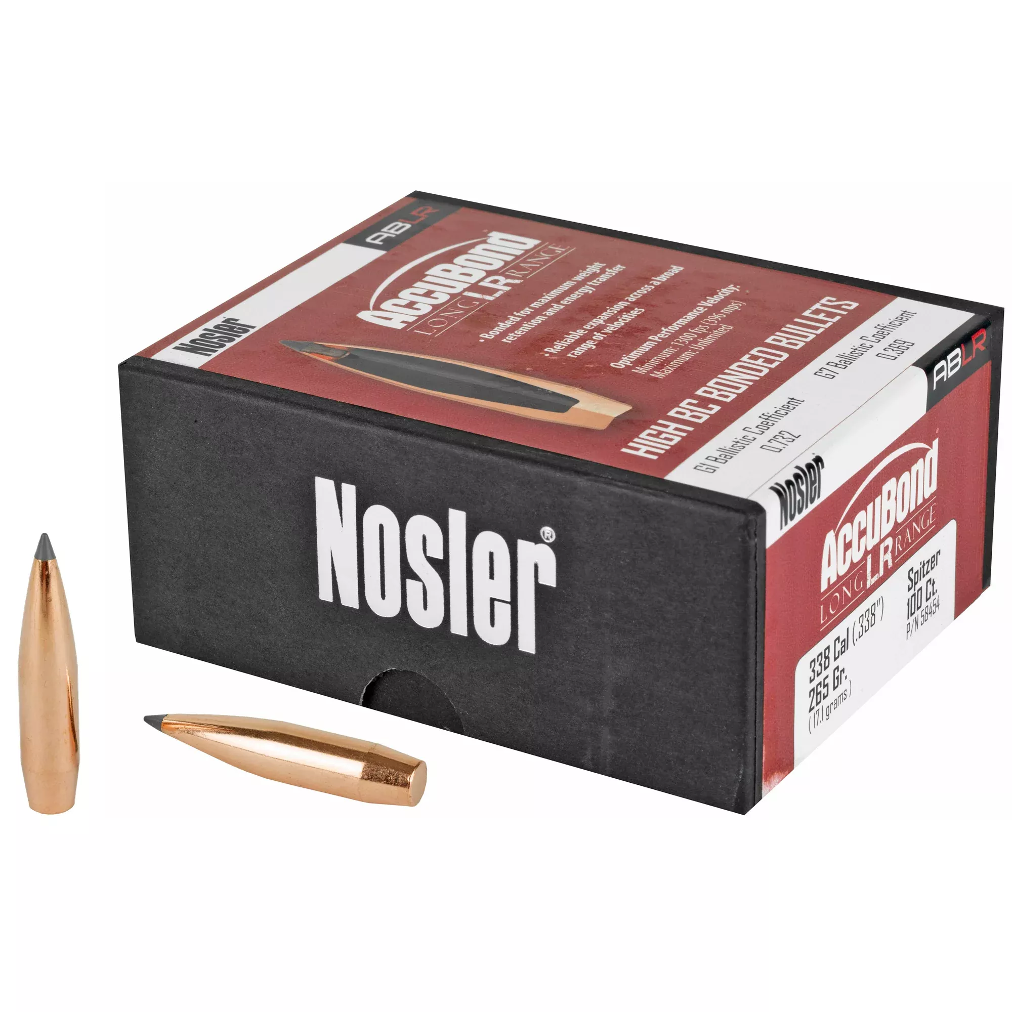 Nosler AccuBond Long Range .338 Caliber 265gr Spitzer Point Bullets – 100 Count
