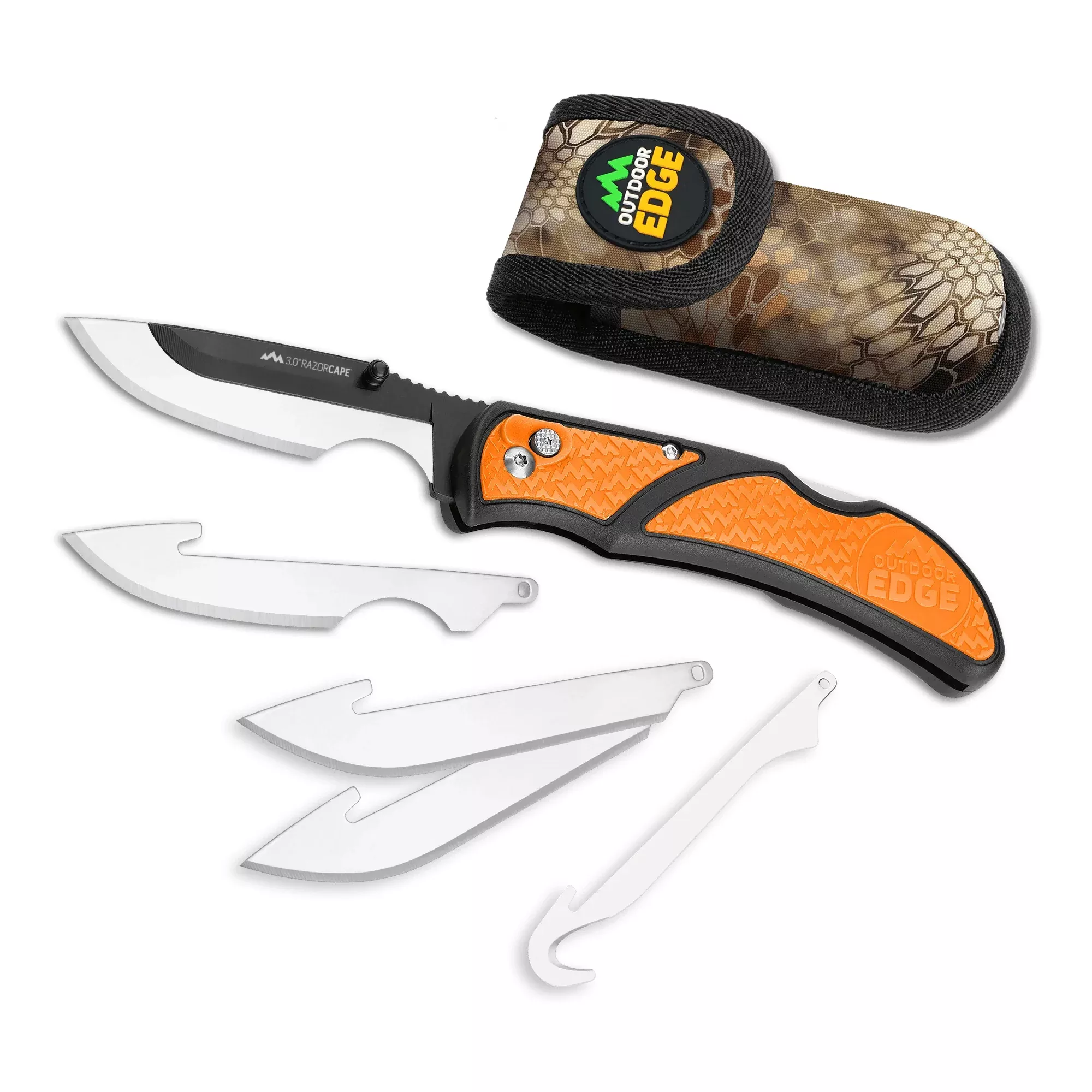 Outdoor Edge RazorCape 3.0 Orange Folding Skinner – Replaceable Blade System with 5 Blades