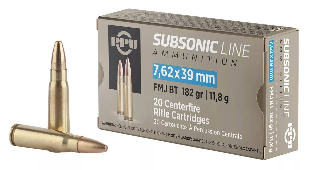 PPU PPS76239 Subsonic7.62x39mm 182gr Full Metal Jacket Boat Tail 20 Per Box/50 Case