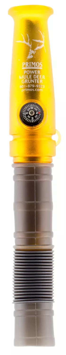 Primos 736 PowerGrunter Call Double Reed Mule Deer Sounds Attracts Blacktail/Mule Deer Features Built in Compass Black/Gold