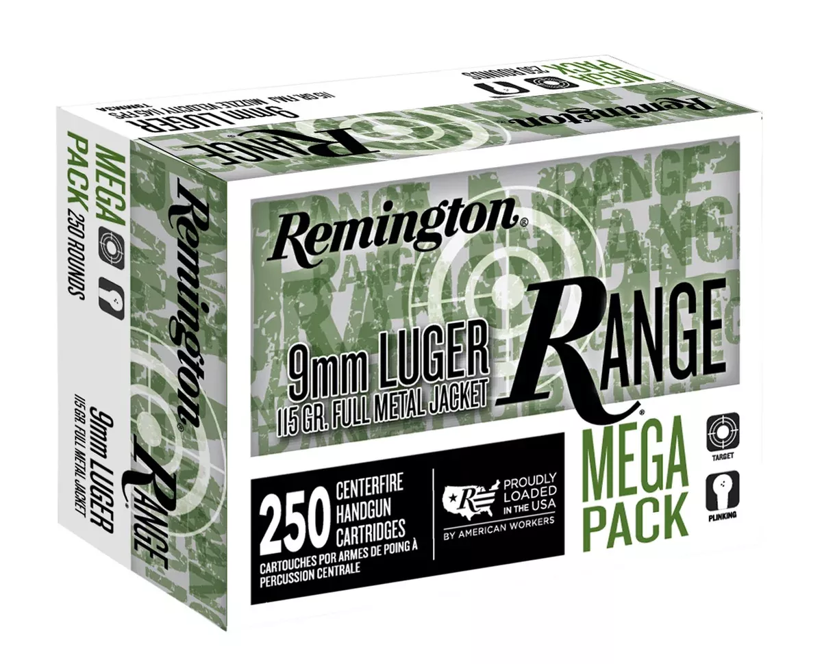 Remington Ammunition R23975 Range9mm Luger 115 gr 1145 fps Full Metal Jacket (FMJ) 250 Bx/4 Cs (Mega Pack)