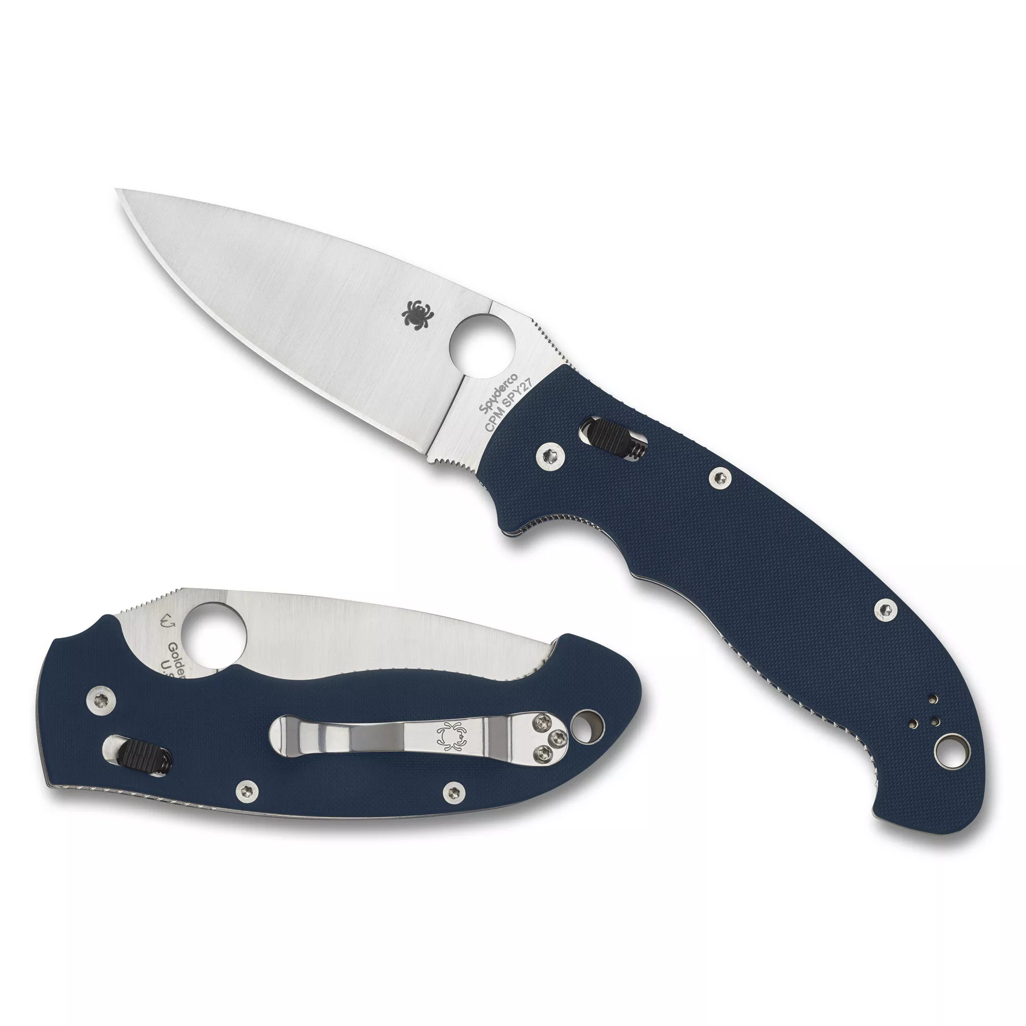 Spyderco Manix 2XL Folding Knife Drop Point Silver Blade 3.85" Blue G10 Handle