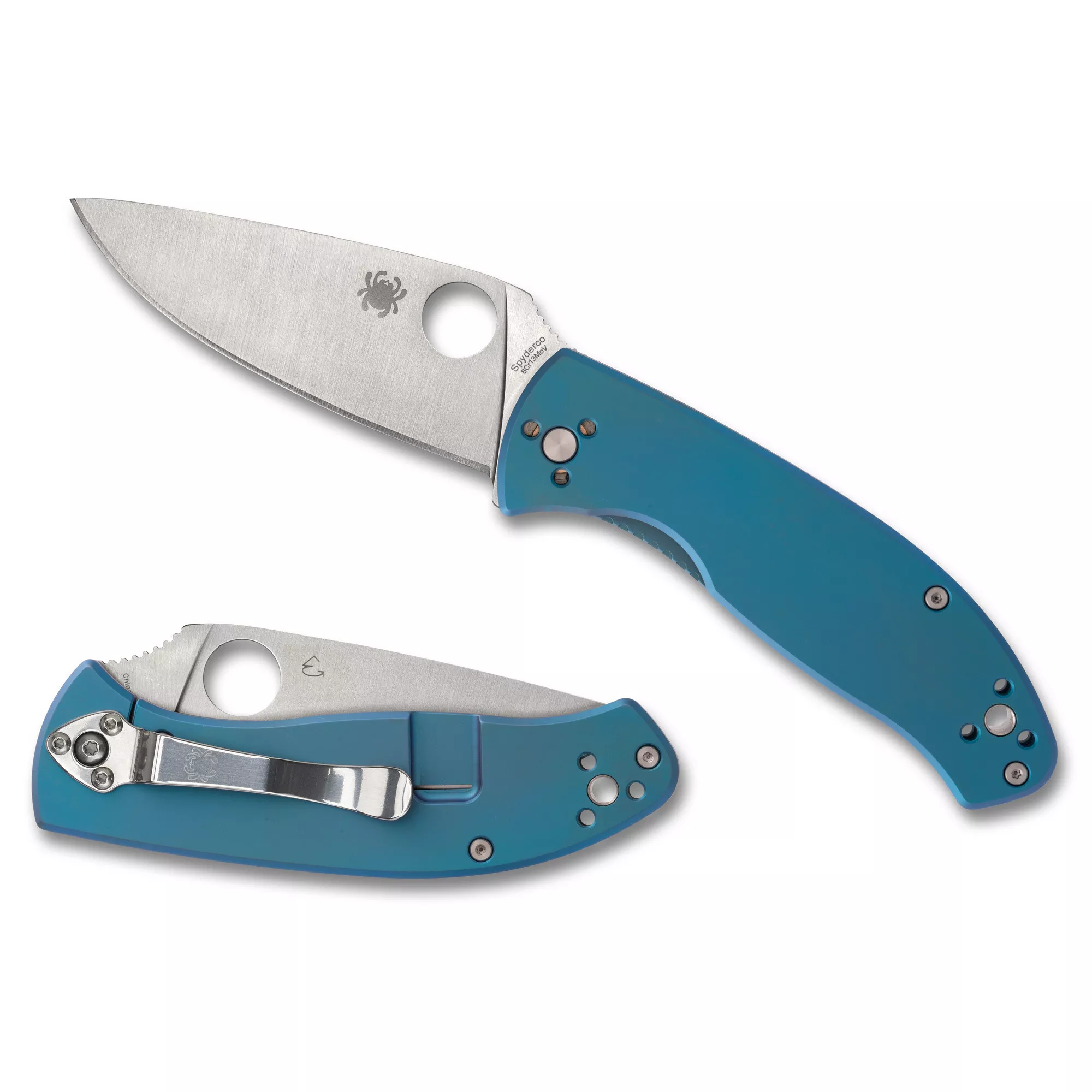 Spyderco Tenacious Folding Knife Drop Point Silver Blade 3.35" Titanium Blue Handle