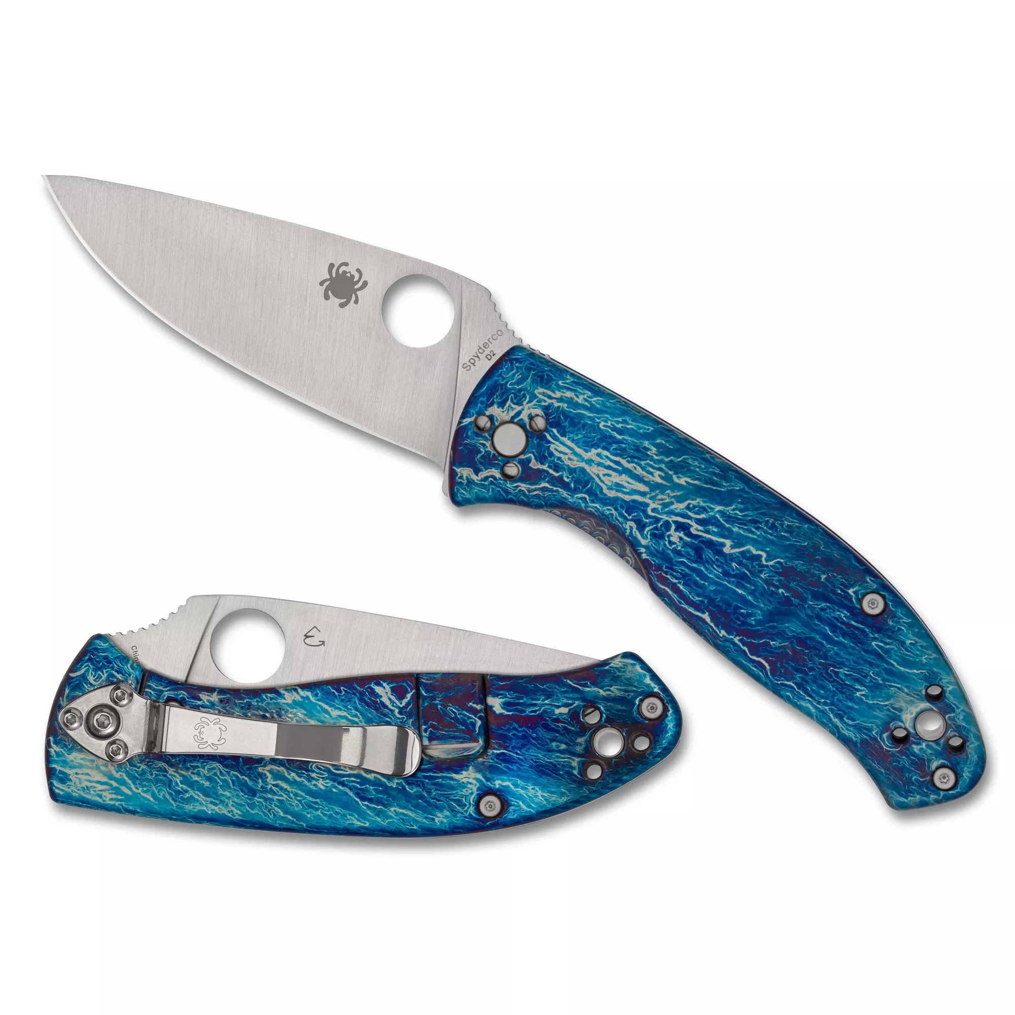 Spyderco Tenacious Folding Knife Drop Point Silver Blade 3.35" Titanium Disarray Blue Handle