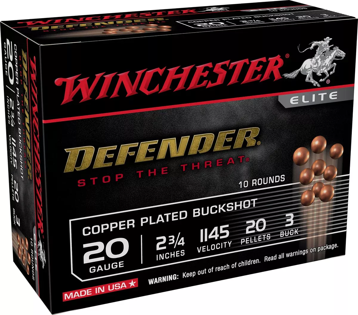 Winchester Ammo SB203PD Defender20Gauge 2.75" 20Pellets Copper Plated 3Buck Shot 10 Per Box/10 Case