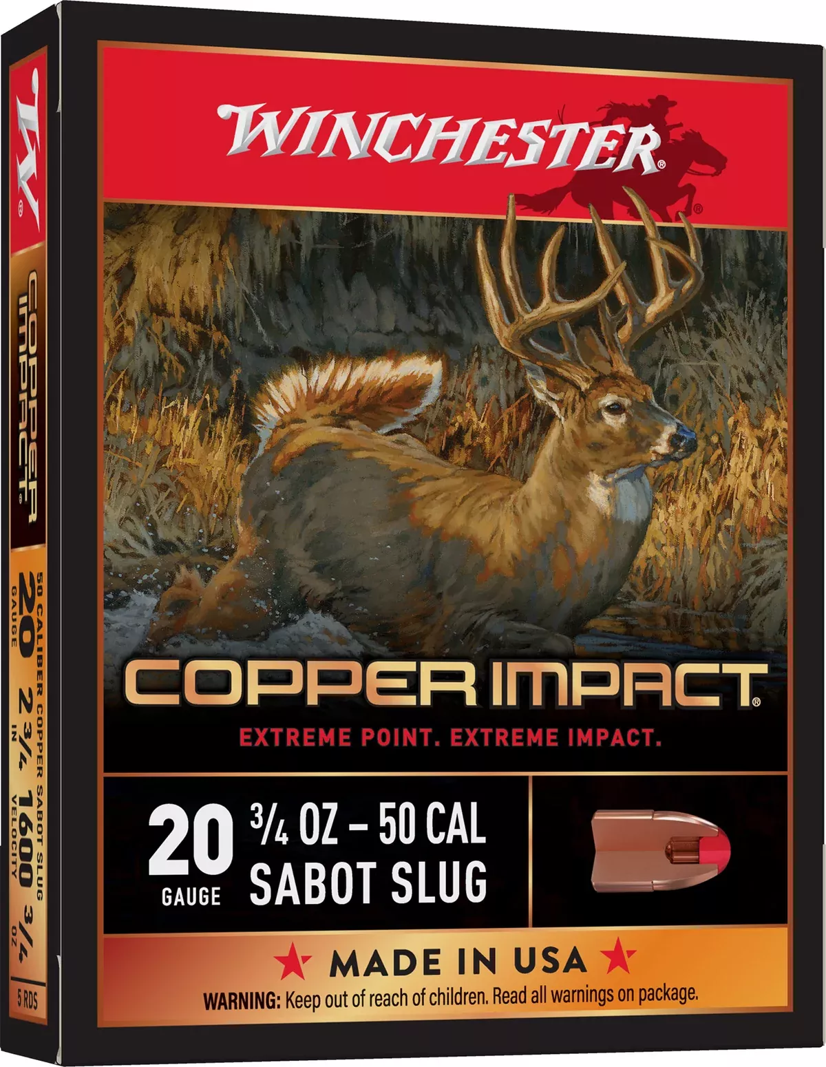 Winchester Ammo X20CLF Copper Impact20Gauge 2.75" 3/4oz Sabot Slug Shot 5 Per Box/20 Case